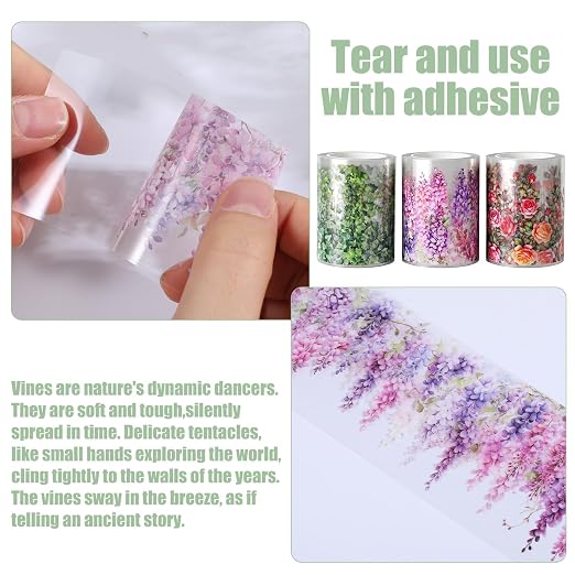 Floral Washi Tape 3 Rolls Set Self-Adhesive PET Flower Stickers Decorative Rose Vine Tape for Journaling Scrapbook Crafts Gift Wrapping