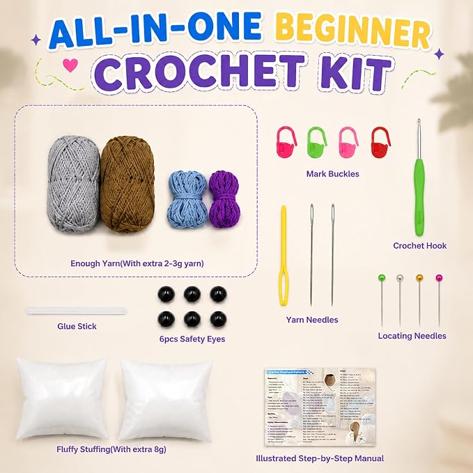 JYZJDKE Crochet Kit for Beginners Adults - DIY Amigurumi Elephant Knitting Starter Kit with Yarn Sets, Crochet Animal Kit Cute Stuffed Animal Craft Birthday Gifts (Grey Purple+Coffee Blue Elephant)