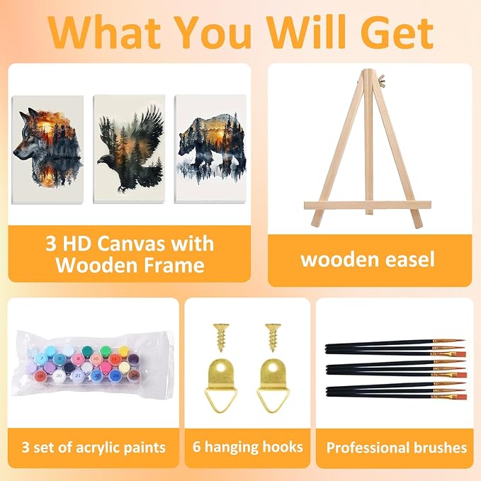Mandun Animal Paint by Numbers Kit for Adults, 3 Pack, 7.8x11.8 inch | DIY Painting Kits Crafts for Adults, Relieve Stress, Frame Canvas, Wooden Easel, Gift Box, Home Wall Decor
