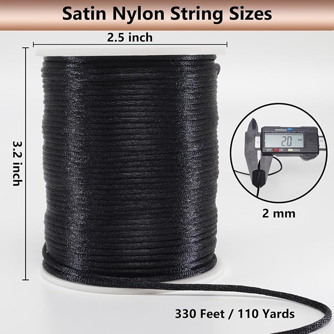LUSTEMBER 2 mm x 330 Feet Satin Nylon Cord, Silky Smooth Nylon String for Jewelry Making Bracelet Necklaces Beading Thread Rattail Macrame Kumihimo Chinese Knot Craft