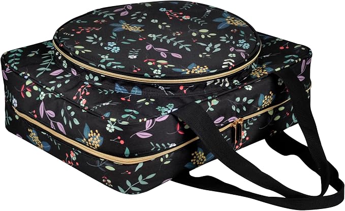 Portable Square Cross Stitch Starter Kits Bag Embroidery Project Bag Embroidery Tool Storage Tote Bag with Multifunctional Pockets, Bag Only (Black Leaves)