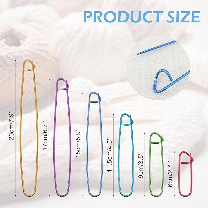 BlingKingdom 6 Size Stitch Holders for Knitting, Smooth Big Safety Pins | Lightweight Aluminum Alloy, Stay Closed, Yarn Knitting Stitch Holder, Needle Marker for Sweaters, Gloves, Crochet DIY Craft