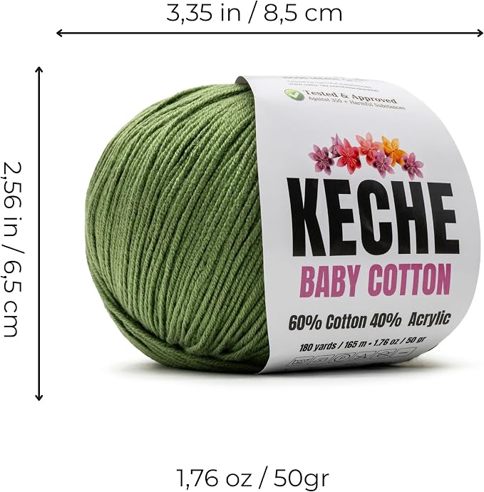 Keche Baby Cotton, 60% Cotton 40% Acrylic Yarn, Soft Cotton Yarn for Crochet and Knitting, Amigurumi Yarn 1 Skein/Ball 1.76 Oz (50g) / 180 Yrds (165m) - Olive Green