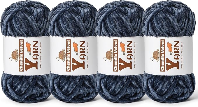 Chenille Crochet Navy Blue Yarn 4 Pack