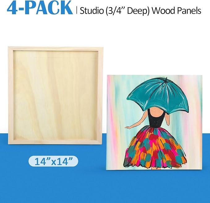 Falling in Art 4 Pack 14x14’’ Unfinished Birch Wood Panels Kit for Painting | Studio 3/4’’ Deep Wooden Canvas, Cradle Boards for Acrylic Pouring, Art, Crafts, Epoxy Resin, Laser Engraving Cutting