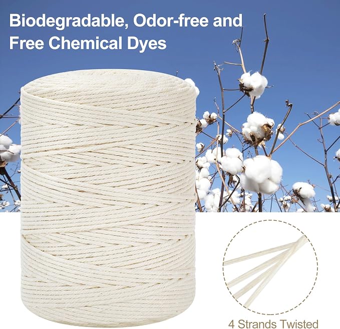 Macrame Cord 3mm x 380Yards (1140Feet), Natural Cotton Macrame Rope - 4 Strands Twisted Macrame Cotton Cord for Wall Hanging, Plant Hangers, Crafts, Gift Wrapping and Wedding Decorations, Bluish Green