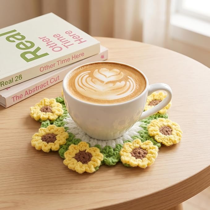 Sunflower Crochet Coasters Set - Knitted Cotton Flower Coaster | Mini Potted Plant Flower Decoration for Home Office Desk - Knitted Cotton Flowers Bouquet for Housewarming Gift Car Decor