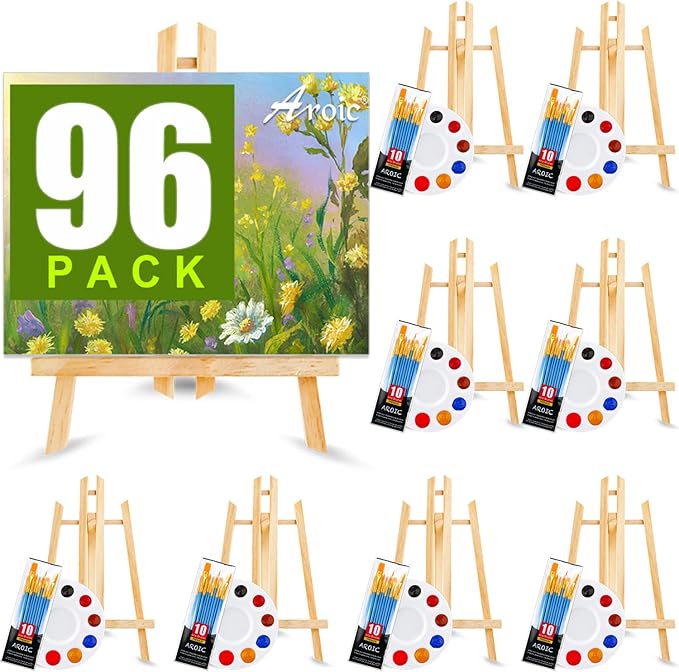 AROIC 96 PCS Painting Supplies Set with Easels | 8 PCS Wood Easels, 8 Packs 80 Brushes with Nylon Brush and 8 PCS Palettes, Tabletop Wooden Art Easel for Kids & Adults