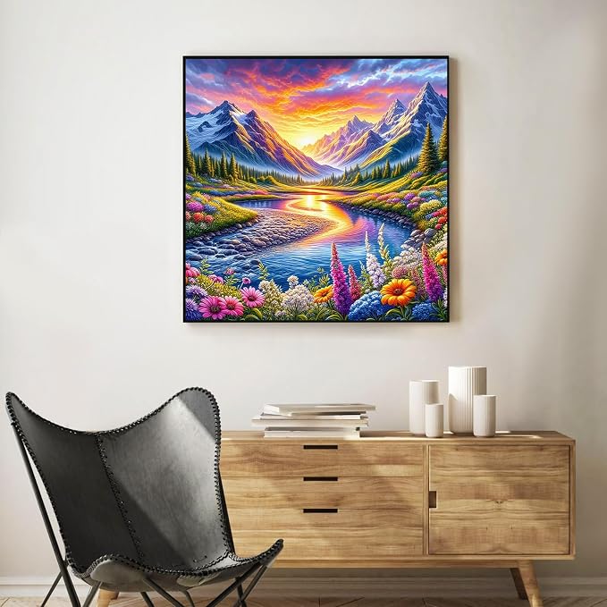 Paint by Numbers Kit for Adults, Mountain River & Wildflower, 16x16 Inch