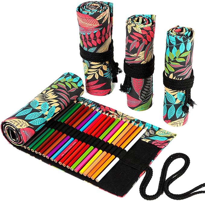 DIYOMR 24/36/72 Slots Pencil Wrap Pencil Rolls, Artist Colored Pencils Roll Up Bag Short Brushes Pouch Case Pencils Organizer for Drawing Coloring and Sketching,No Pencils (Colorful Leaves, 36slots)