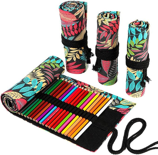 DIYOMR 24/36/72 Slots Pencil Wrap Pencil Rolls, Artist Colored Pencils Roll Up Bag Short Brushes Pouch Case Pencils Organizer for Drawing Coloring and Sketching,No Pencils (Colorful Leaves, 36slots)