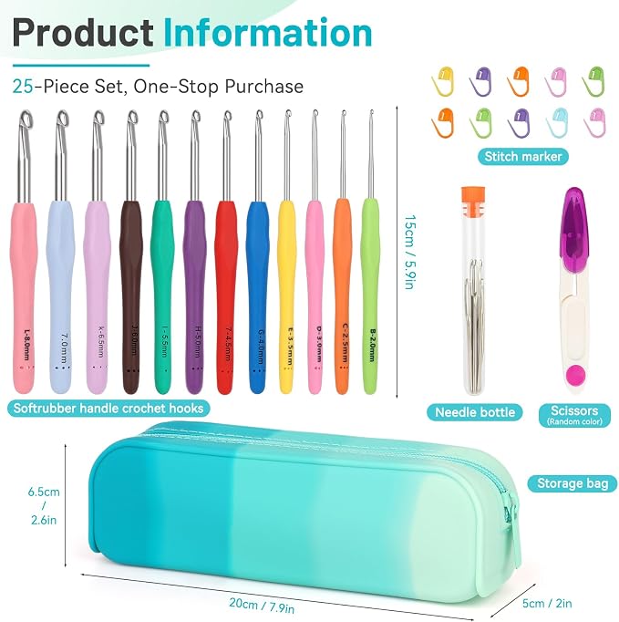 Coopay Crochet Hooks Set with Case, 12 Size Crochet Needles for Crocheting | Smooth & Ergonomic Extra Long Croche Hook for Beginner Adult Arthritic Hands,2mm(B)-8mm(L),Great DIY Craft Christmas Gift