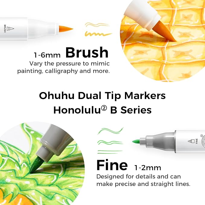 Ohuhu Alcohol Markers Brush& Fine 48 Colors for Adults Coloring Refillable | AP Certified Art Marker Set, Dual Tips Alcohol-based for Artists Beginners Drawing Illustration Sketching, Honolulu 2B