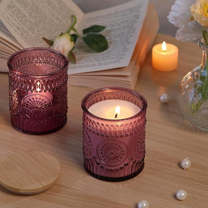 DARJEN 10 Pcs 8oz Glass Candle Jars with Lids, Candle Tins-Purple | Premium Thick Glass, Secure Wooden Lids- Candle Jars for DIY Candle Making, Stunning Sunflower Design