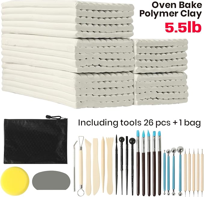 CALPALMY Oven Bake Polymer Clay 5.5lb with Tools Kit, White Sculpting Material for Modeling & Crafts, Soft Until Baked, Non-Toxic DIY Clay for Figurines, Miniatures, Jewelry & Pottery Projects