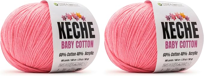 Keche Baby Cotton, 60% Cotton 40% Acrylic Yarn, Soft Cotton Yarn for Crochet and Knitting, Amigurumi Yarn 4 Skeins/Balls [1.76 Oz (50g) / 180 Yrds (165m)] x 2 Pink
