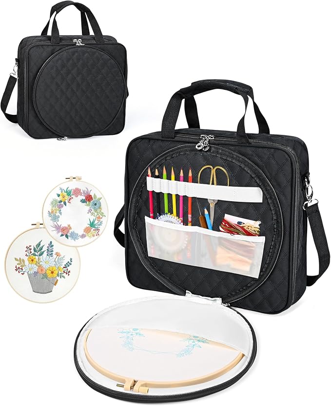 Telawsfun Embroidery Project Bag Organizer, Embroidery Supply Storage Bag with Removable Binder, Portable Carrying Tote for Thread Tools and Accessoriess, Bag Only (Black)