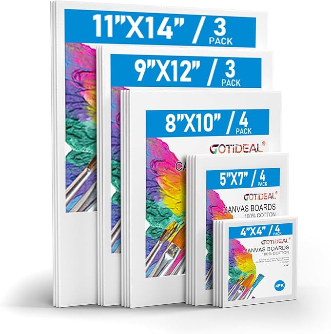 GOTIDEAL Canvas for Painting 18 Pcs Muti Pack, Canvas Boards for Painting | Primed White Blank Artist Canvas Variety Pack for Acrylic, Oil Paint, Watercolor, Gouache, 4x4, 5x7, 8x10, 9x12, 11x14