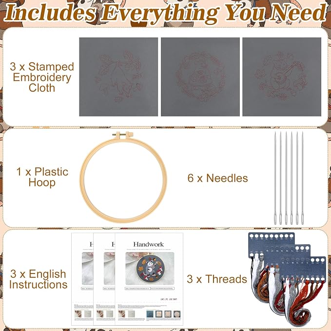 Mindsoft 3 Set Needlepoint Kit for Beginners with Hoop,Autumn Possum | Bamboo Hoop Thread Needles Instructions, Easy Hand Embroidery for Beginners Home Crafts,Pre-stamped Funny Cute Designs