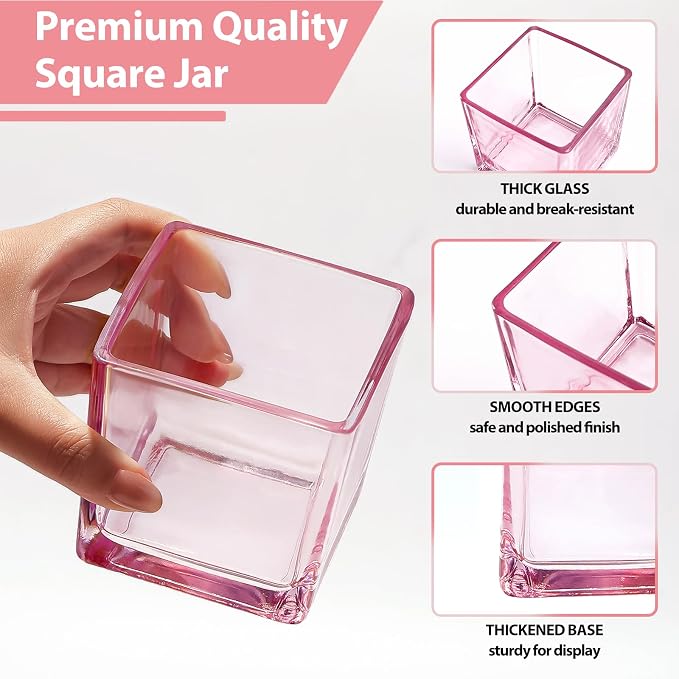 CONNOO 12 Pack 9oz & 3oz Pink Glass Square Candle Jars with Bamboo Lids