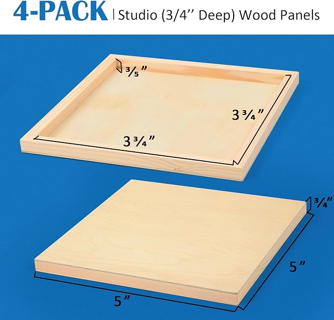 Falling in Art 4 Pack 5x5’’ Unfinished Birch Wood Panels Kit for Painting | Studio 3/4’’ Deep Wooden Canvas, Cradle Boards for Acrylic Pouring, Art, Crafts, Epoxy Resin, Laser Engraving Cutting