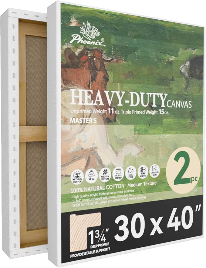 PHOENIX 30x40 Inch 2 Pack Heavy Duty Stretched Canvas - 1 3/4" Thick Extra Large Canvas for Painting - Master Series 15 Oz. Gesso Primed Cotton Archival Canvases for Professional Artists