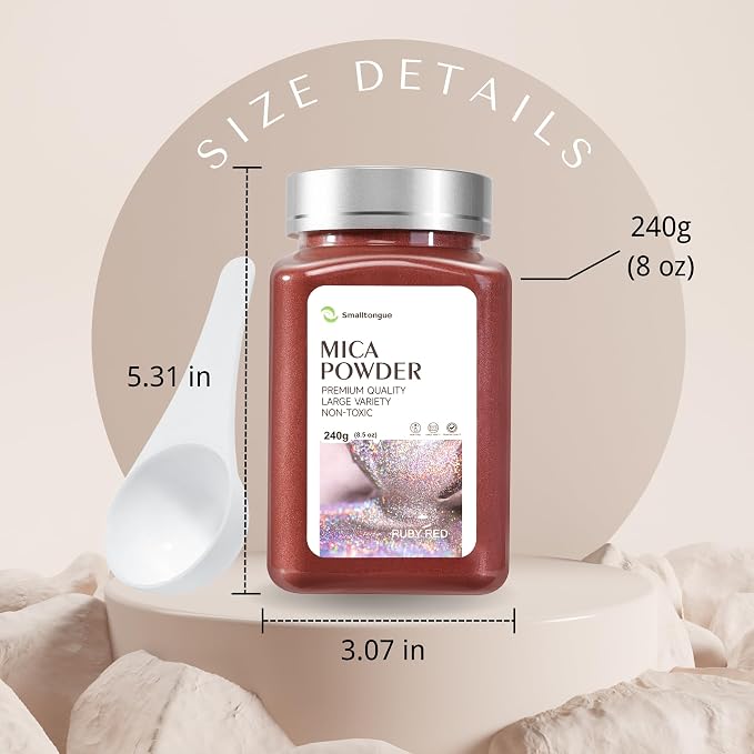 Mica Powder, Ruby Red, 240g with Scoop, Complies with ASTM D-4236 | For Epoxy Resin, Soap, Bath Bomb, Candle| Safety Material| Odorless| Brilliant Colors