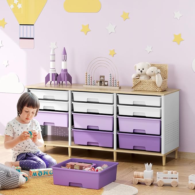 TOOLF 12 Drawers Storage Cabinet with Wooden Top and Plastic Bins,Purple | Toy Shelf Storage Chest Cubby Organizer, for Home, Office, Playroom, Classroom & Craft Room