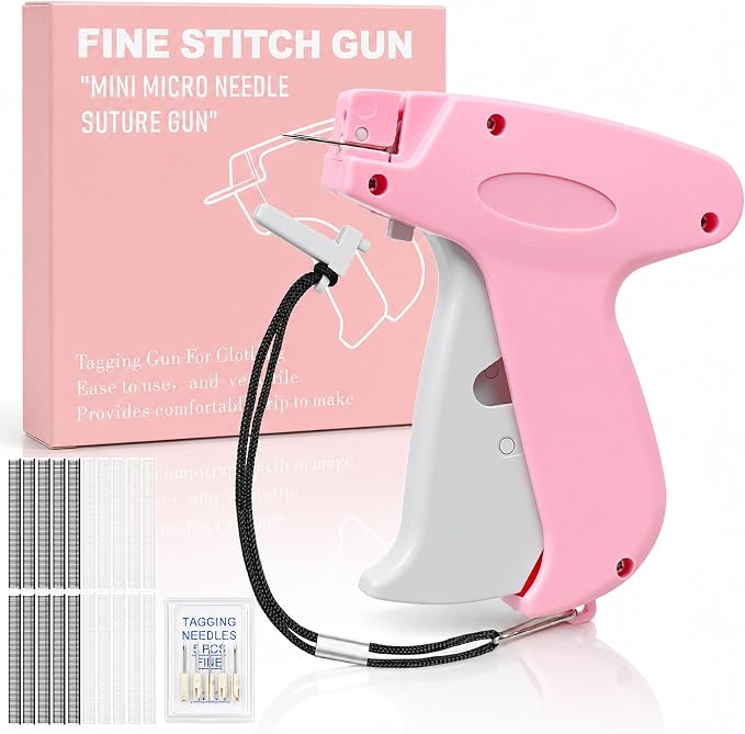 2026 New Stitch Gun for Clothes, Handheld Tagging Gun Quick Clothing Fixer Sewing Kit with 6 Replacement Needles, 1000 Black & 1000 White Fasteners (Pink-Gray)