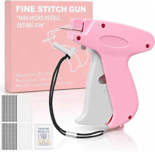 2026 New Stitch Gun for Clothes, Handheld Tagging Gun Quick Clothing Fixer Sewing Kit with 6 Replacement Needles, 1000 Black & 1000 White Fasteners (Pink-Gray)