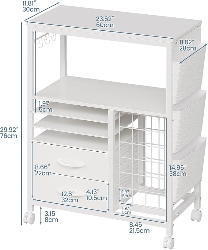Craft Organizer and Storage Cart Compatible with Cricut Machine Stand Rolling Craft Cabinet Table with Drawers Shelf Vinyl Roll Holders Accessories Holder Tool Hooks for Craft Workstation Room-White