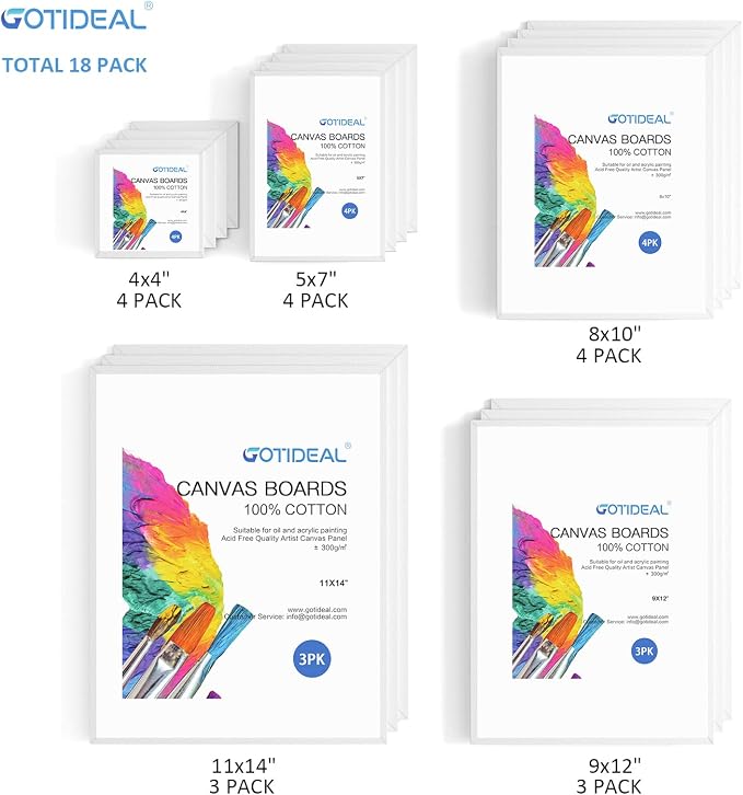 GOTIDEAL Canvas for Painting 18 Pcs Muti Pack, Canvas Boards for Painting | Primed White Blank Artist Canvas Variety Pack for Acrylic, Oil Paint, Watercolor, Gouache, 4x4, 5x7, 8x10, 9x12, 11x14
