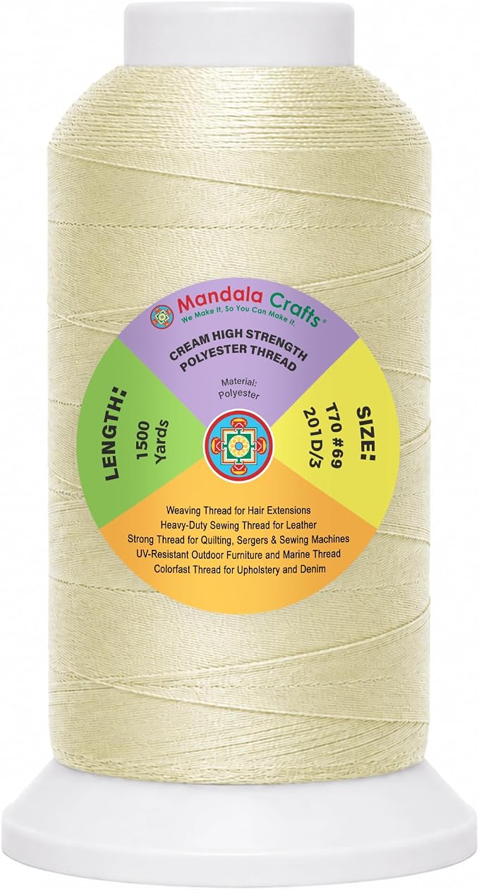 Mandala Crafts Cream Tex 70 Polyester Heavy Duty Thread for Upholstery | 1500 Yds T70 UV Resistant Strong Thread for Leather Sewing, Marine, Drapery, Jeans, Hair Weaving & Extension, Outdoor