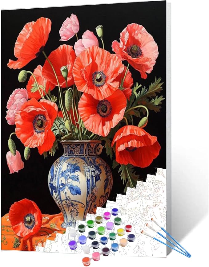 Tucocoo Red Poppys DIY Paint by Numbers for Adults Red Flowers in Vase DIY Oil Painting Kits Canvas with Acrylic Paint Floral Plant Art 16x20 Inch （Without Frame ）