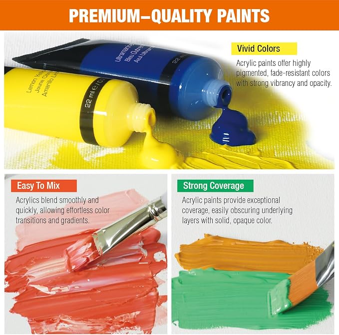 24 Colors Professional Acrylic Paint Set, Artist Paint Supplies | 22ml Tubes, Paint Set for Canvas, Crafts, Clay, Rocks, Paper etc., Basics Art Supplies, Giftable Set for Artists, Beginners