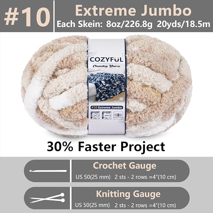 Cozyful Chunky Yarn for Hand Knitting - #10 Chunky Chenille Blanket Yarn, Jumbo Big Thick Chunky Yarns for Crocheting, Tie Dye Bulky Knit Yarns, 8 Skein (20 yds 8 oz Each Skein), White & Khaki & Beige