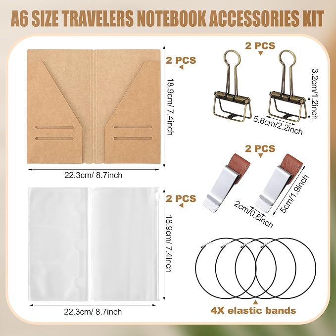 Mooliwe 2 Pack Travelers Journal Notebook Accessories Kit, A6 Size | Kraft File Folder, Zipper Case, Pen Holder, Binder Clip and Elastic Bands, Refillable Insert Organizer for Travel Journals