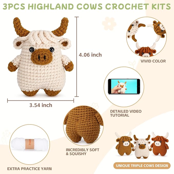 Fortuning's JDS Crochet Kit for Beginners - Crochet Highland Cow Beginner Crochet Kit for Adults, Complete Scottish Cow Crochet Animal Kits, Easy Crocheting Knitting Starter Kits Gifts