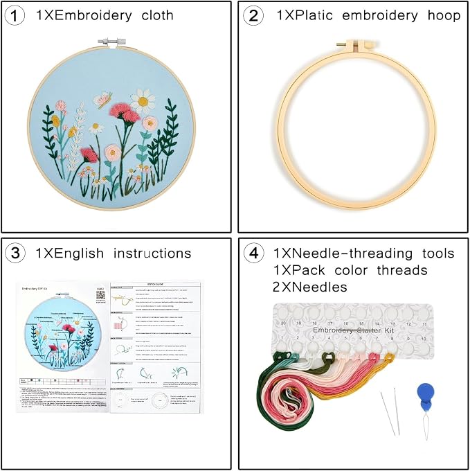 Flower Embroidery Kits for Beginners Adults, Hand DIY Embroidery Art Kits, Floral Stamped Cross Stitch Kits for Beginner Adults Craft Kits for Women, Entire Set of Embroidery Supplies & Video Tutorial