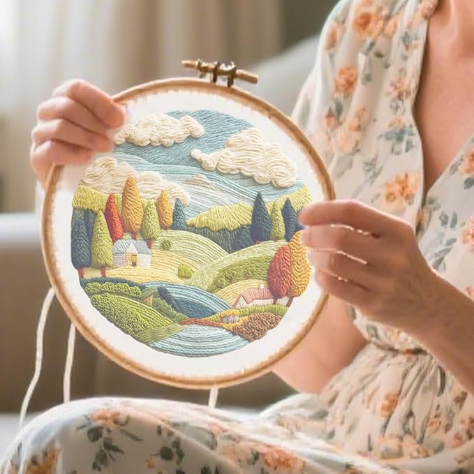 FONNUY Embroidery Kit for Beginners, Nature Hills Landscape Pre-Stamped Pattern Kits for Adults with Hoop, Easy to Follow Color Thread Needlework, 8'' Hoop (Scenic)