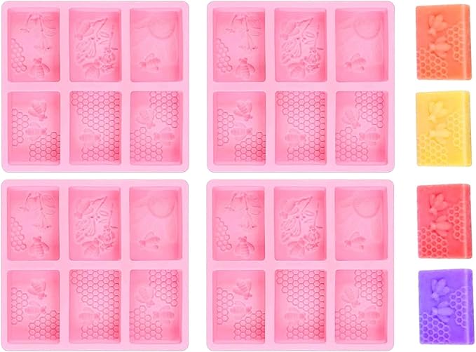 4Pcs Rectangle Bee Silicone Soap Molds for Homemade | Honeycomb Molds,Craft Making,for Chocolate Jelly Candy