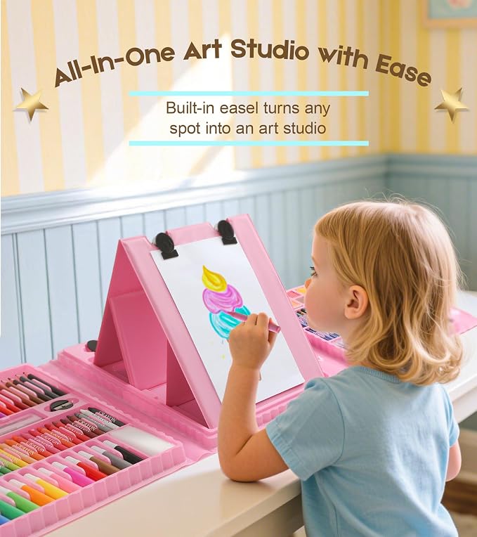 TMOL 237-Piece Kids Art Set with Double-Sided Easel, Watercolor, Oil Pastels, Painting Kits for Kids Ages 4-8, Art Supplies for Girls & Boys, Drawing Sets, Gift for Young Artists-Pink