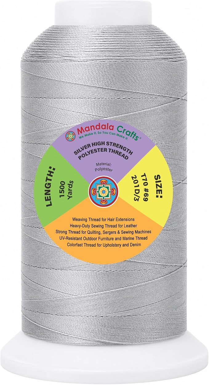 Mandala Crafts Silver Tex 70 Polyester Heavy Duty Thread for Upholstery | 1500 Yds T70 UV Resistant Strong Thread for Leather Sewing, Marine, Drapery, Jeans, Hair Weaving & Extension, Outdoor