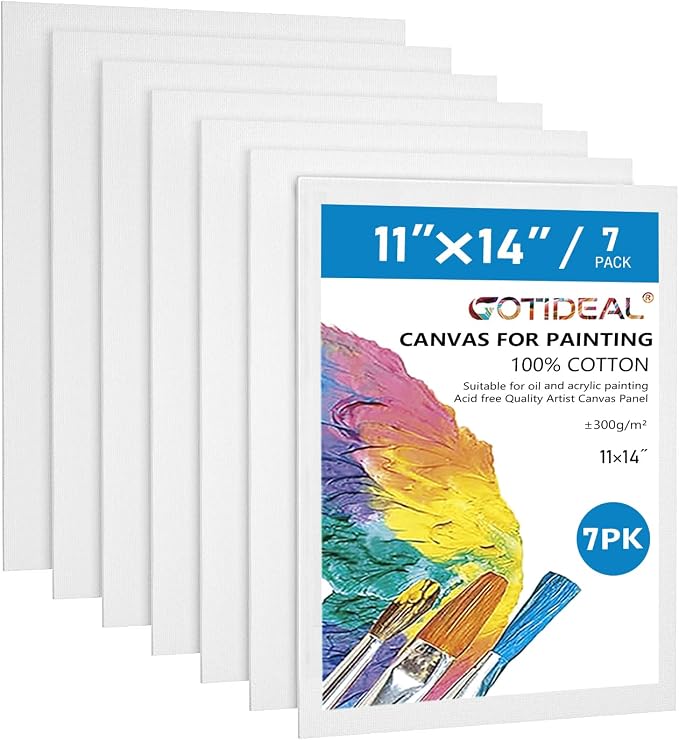 GOTIDEAL Canvases for Painting, 11x14 inch of 7 Pack, 100% Cotton | Professional Primed White Blank Flat Canvas Panels, Artist Canvas Boards for Acrylics Painting, Oil Watercolor Tempera