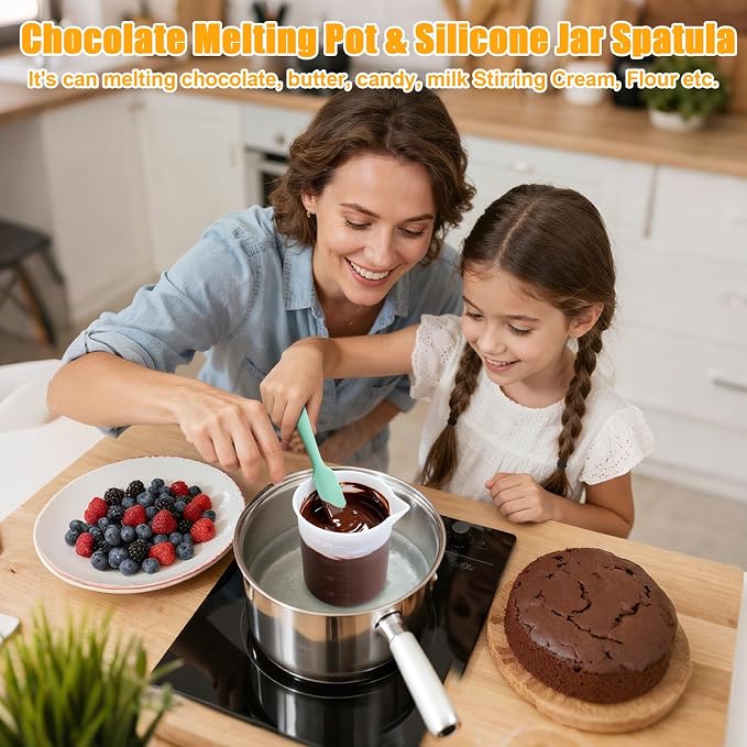 Silicone Chocolate Melting Cup Set with 6 Silicone Measuring Cups (250ml & 350ml & 600ml &1000ml) and 4PCS Heat-Resistant Jar Spatulas, Non-Stick Baking Tools for DIY Chocolate, Butter & Cream Mixing
