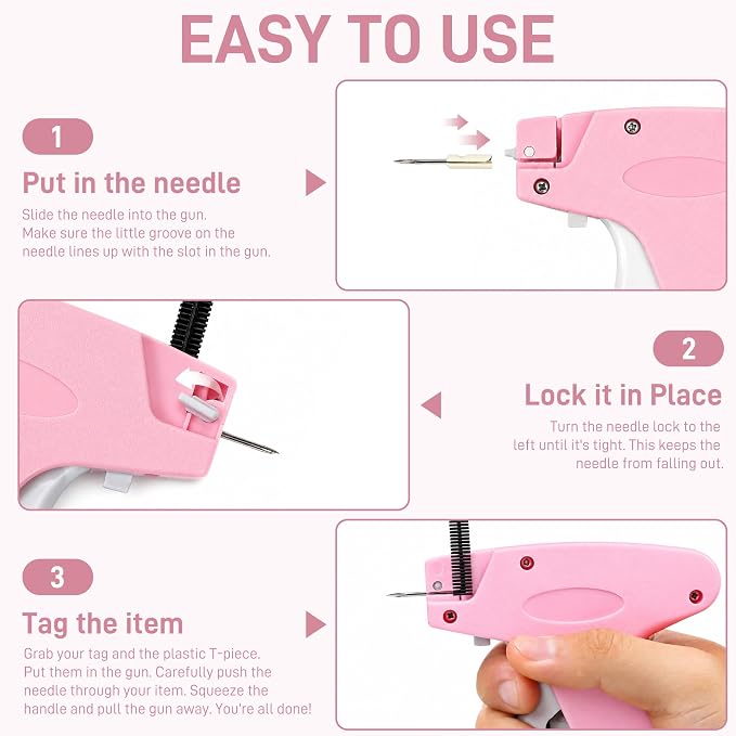 2026 New Stitch Gun for Clothes, Handheld Tagging Gun Quick Clothing Fixer Sewing Kit with 6 Replacement Needles, 1000 Black & 1000 White Fasteners (Pink-Gray)