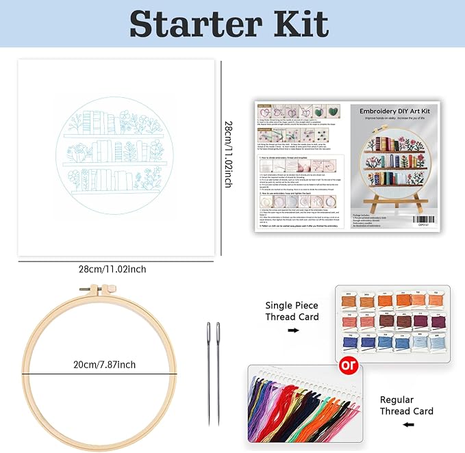 JOZYSH 8'' Flowers Embroidery Kit for Beginners Stamped Books and Flowers Pattern Embroidery Kit Cross Stitch Kit Embroidery Starter Kit with Instructions, Embroidery Hoops for Home Ofiice Decor