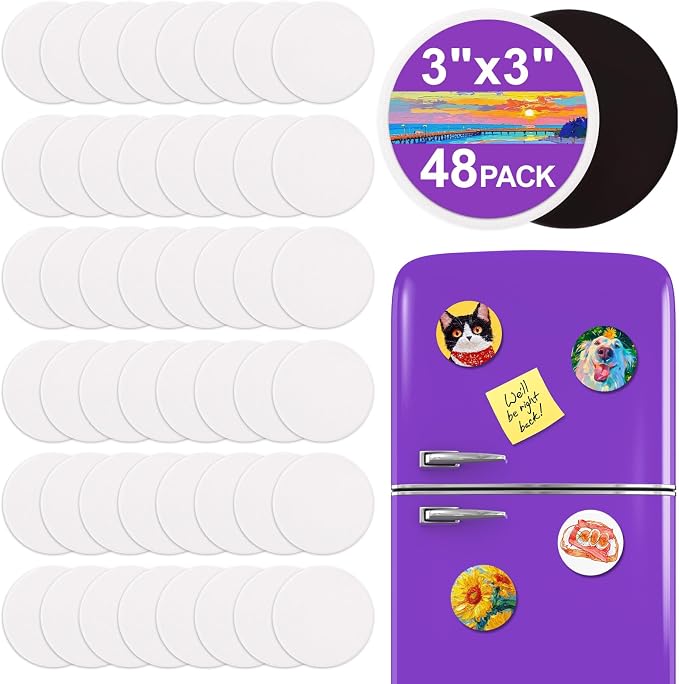 ESRICH 48Pack 3x3IN Round Mini Canvas Magnets, Small Magnetic Paint Canvas | Non-toxic, Ideal for Acrylic, Watercolor, Oil Painting, DIY Magnet Kit, Refrigerator Decor