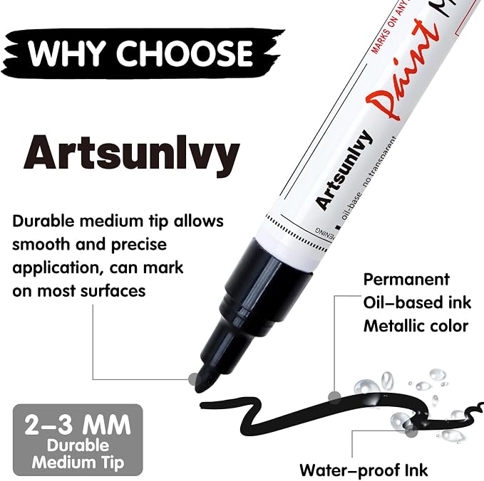 Artsunlvy Black Paint Pens Permanent Markers - 2 Pack Oil Based Quick Dry Waterproof Markers for Plastic, Tire, Rubber,Wood, Rocks, Metal, Canvas, Dark Surface,Craft Art Supplies,Medium Point