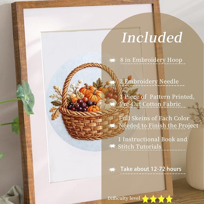 FONNUY Fall Embroidery Kit, Handmade Autumn Wreath Pre-Stamped Pattern for Beginners, Thanksgiving Harvest Home Decor, 8'' Hoop (Basket)